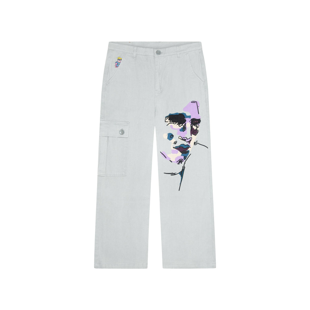 KidSuper Studios Face Embroidered Denim Pants - Grey