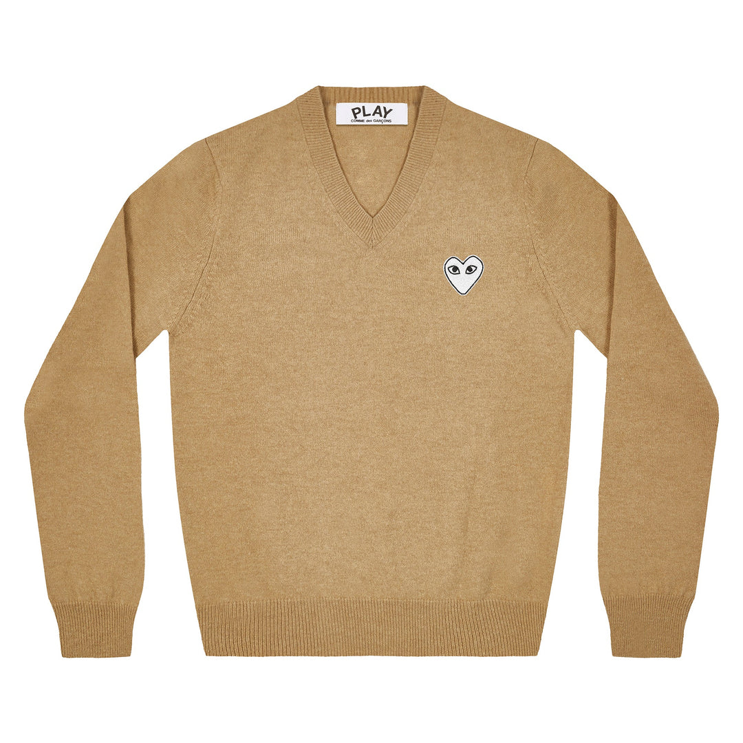 COMME DES GARCONS PLAY Tan White Heart V Neck Sweater - Tan