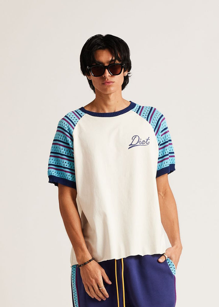 Diet Starts Monday Crochet Raglan Tee - Cream/Blue