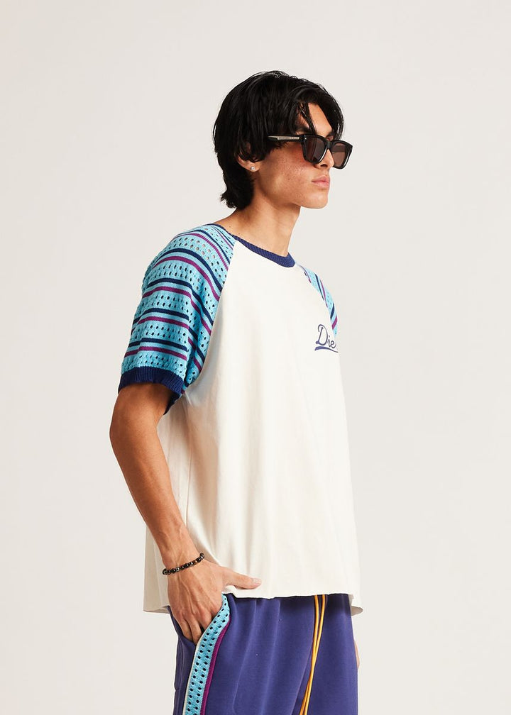 Diet Starts Monday Crochet Raglan Tee - Cream/Blue