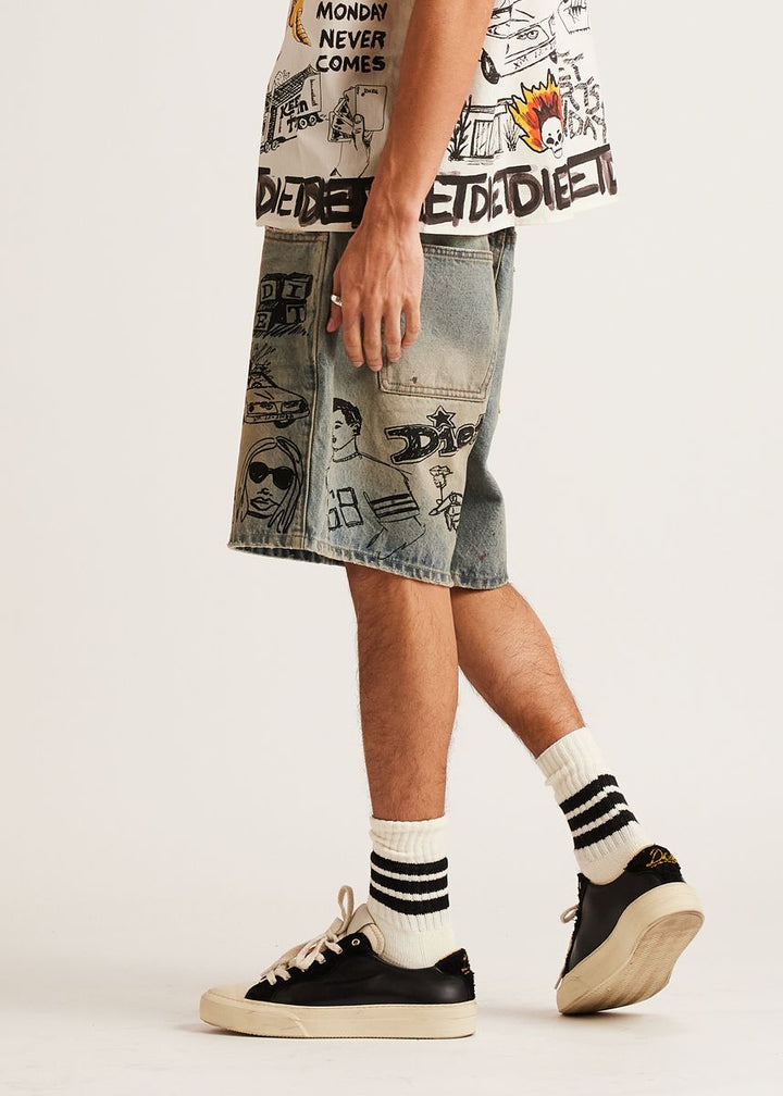 Diet Starts Monday Scribble Denim Short - Indigo Stain