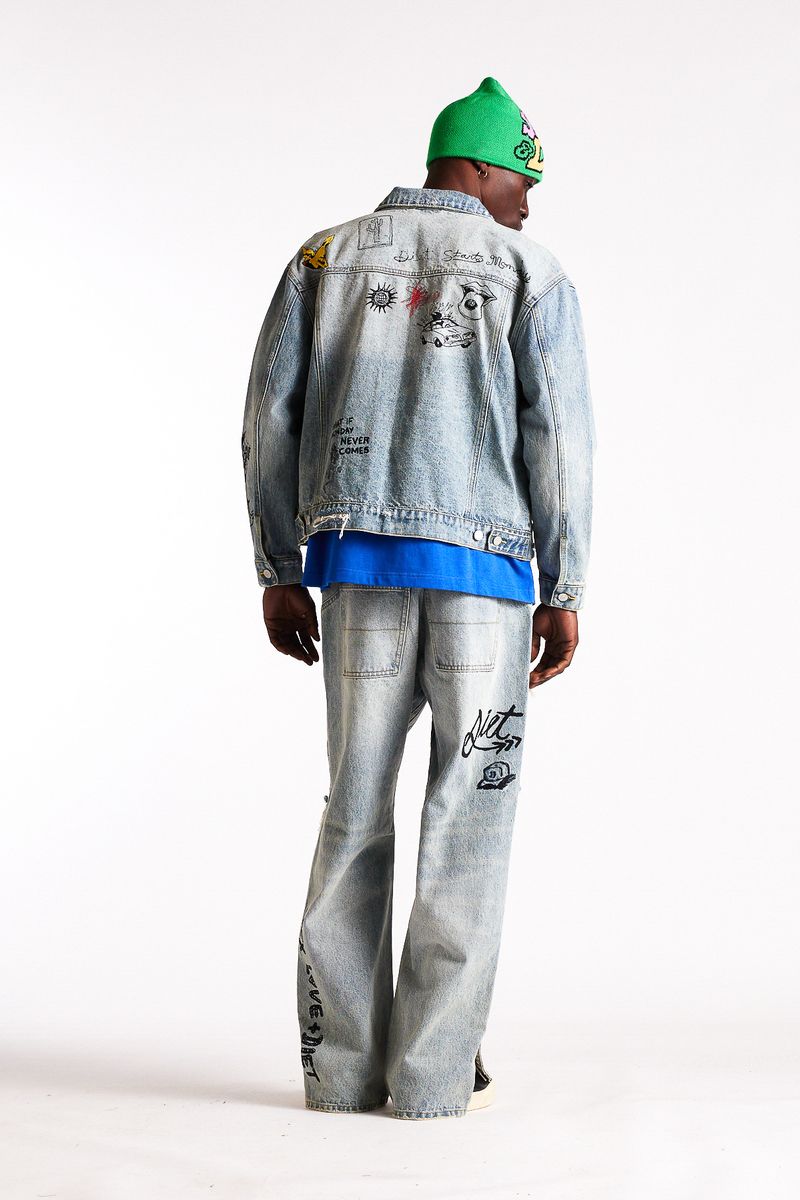 Diet Starts Monday Doodle Trucker Jacket - Indigo