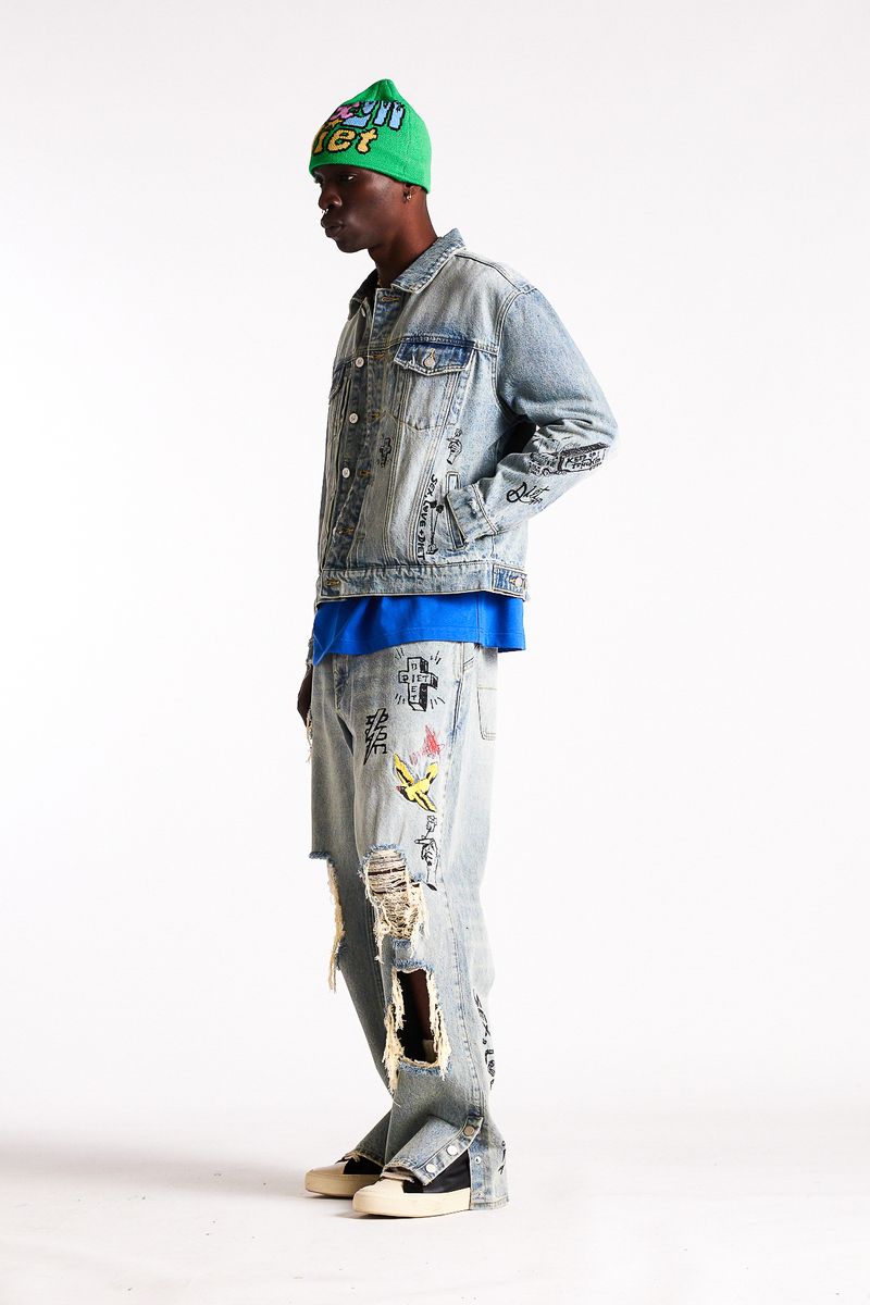 Diet Starts Monday Doodle Trucker Jacket - Indigo