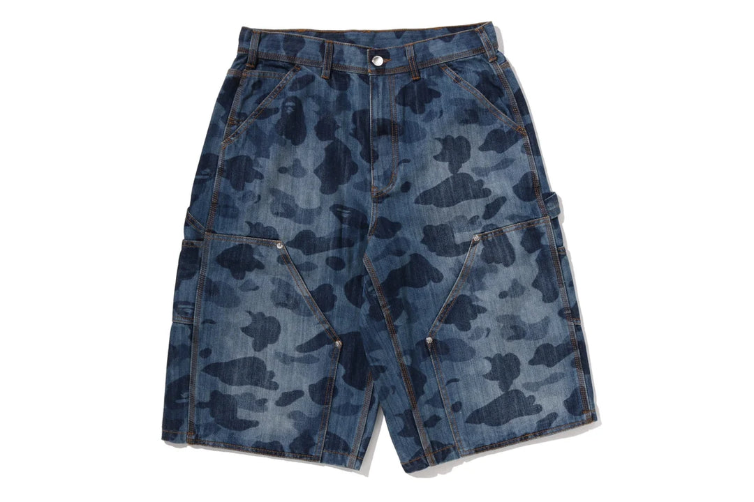 BAPE 1ST CAMO DOUBLE KNEE 13 OZ RELAXED FIT DENIM SHORTS M INDIGO