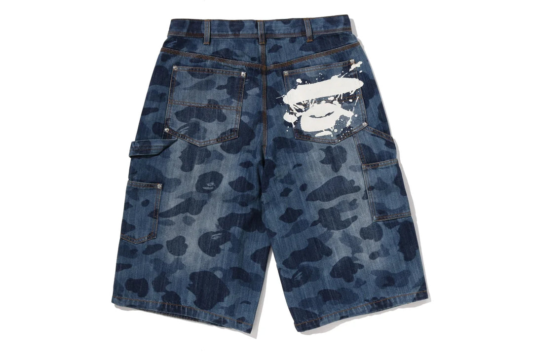 BAPE 1ST CAMO DOUBLE KNEE 13 OZ RELAXED FIT DENIM SHORTS M INDIGO