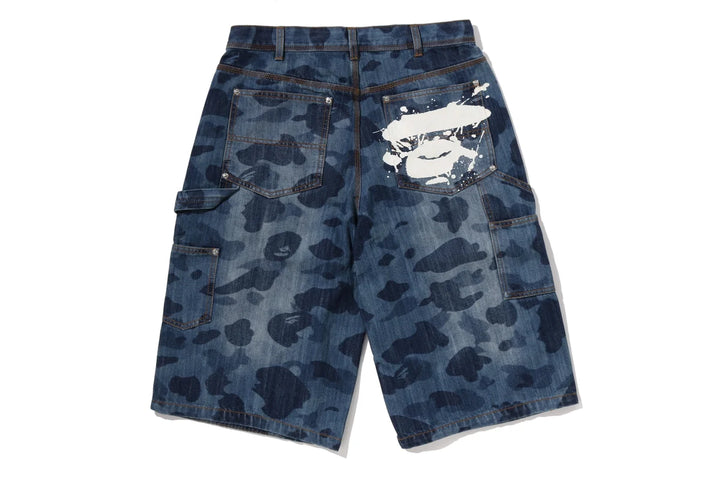BAPE 1ST CAMO DOUBLE KNEE 13 OZ RELAXED FIT DENIM SHORTS M INDIGO