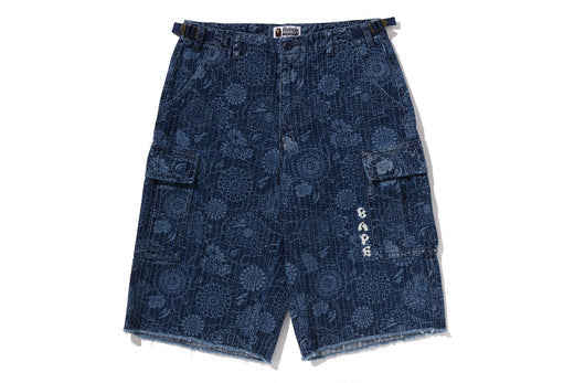 BAPE JAPANESE INDIGO ART CAMO JUNGLE DENIM RELAXED FIT CARGO SHORTS M INDIGO