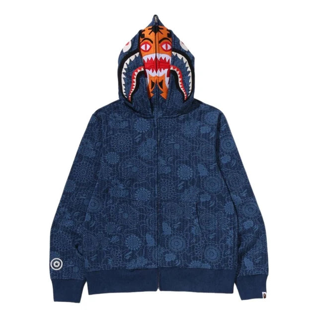 BAPE JAPANESE INDIGO ART CAMO DOUBLE TIGER SHARK FULL ZIP HOODIE M INDIGO