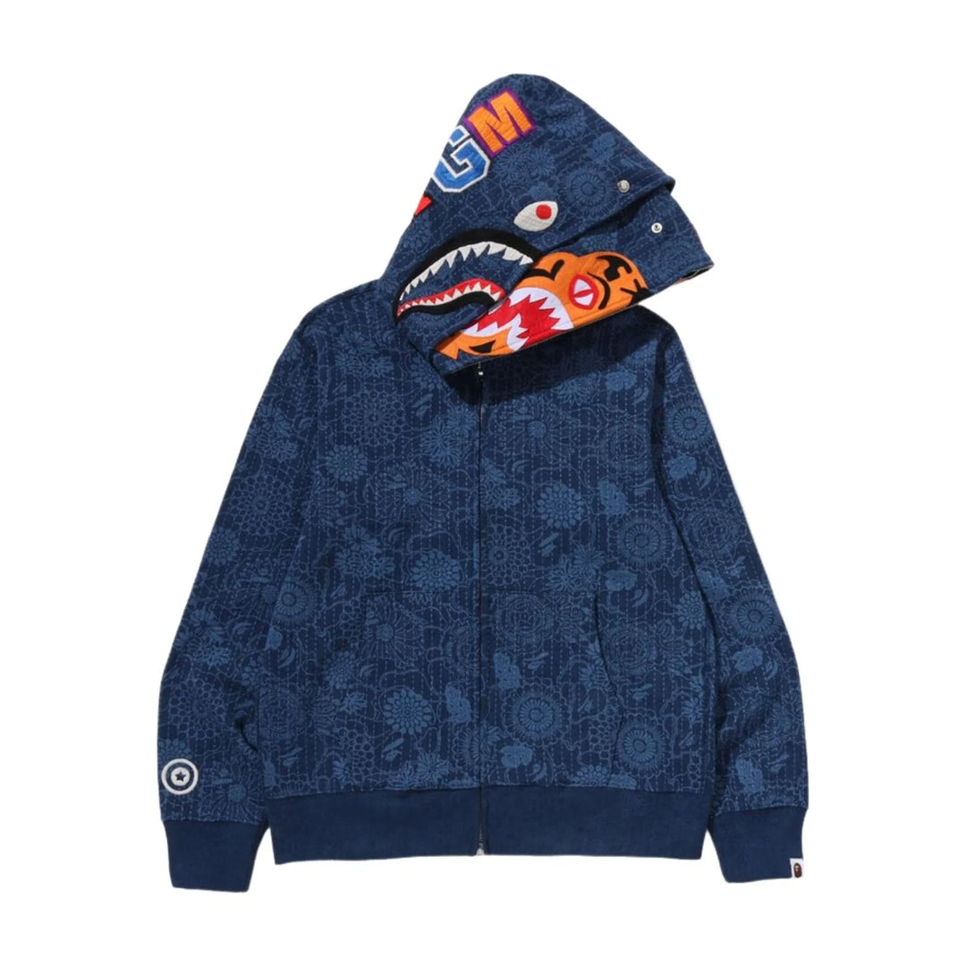 BAPE JAPANESE INDIGO ART CAMO DOUBLE TIGER SHARK FULL ZIP HOODIE M INDIGO