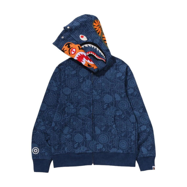 BAPE JAPANESE INDIGO ART CAMO DOUBLE TIGER SHARK FULL ZIP HOODIE M INDIGO