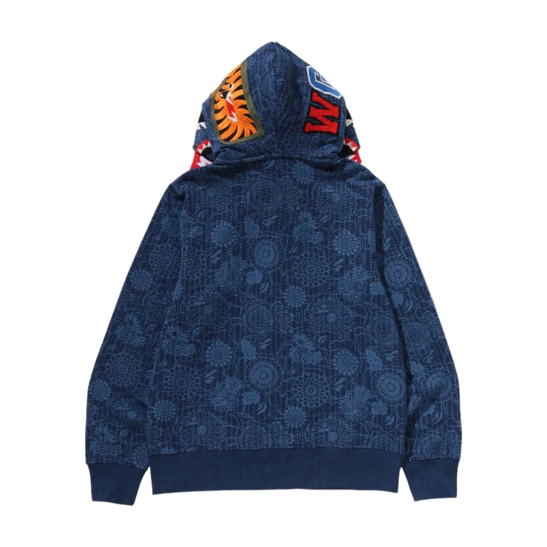 BAPE JAPANESE INDIGO ART CAMO DOUBLE TIGER SHARK FULL ZIP HOODIE M INDIGO