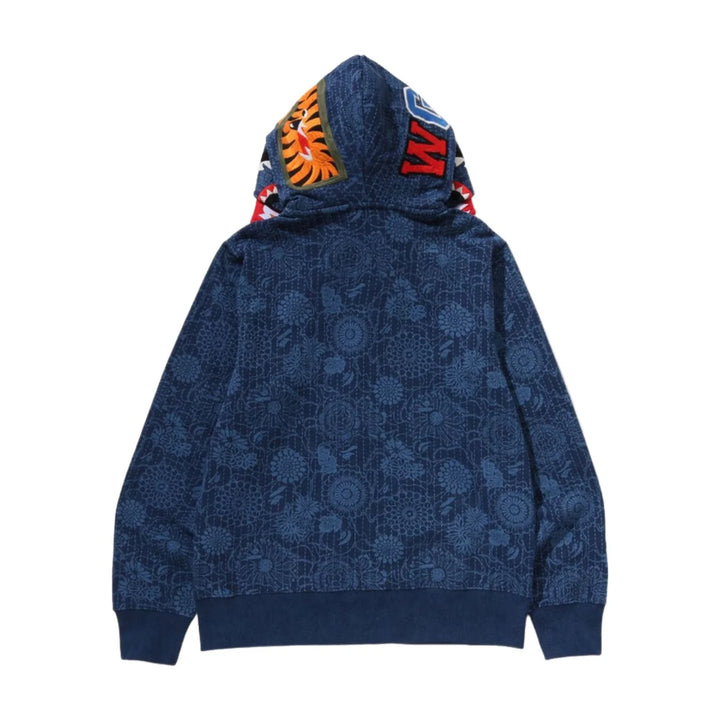 BAPE JAPANESE INDIGO ART CAMO DOUBLE TIGER SHARK FULL ZIP HOODIE M INDIGO