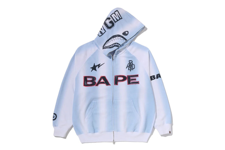 BAPE HAND DRAW FOOTBALL SHARK RELAXED FIT FULL ZIP HOODIE M WHITE