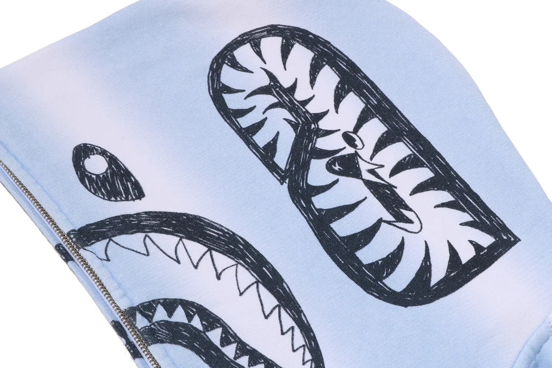 BAPE HAND DRAW FOOTBALL SHARK RELAXED FIT FULL ZIP HOODIE M WHITE