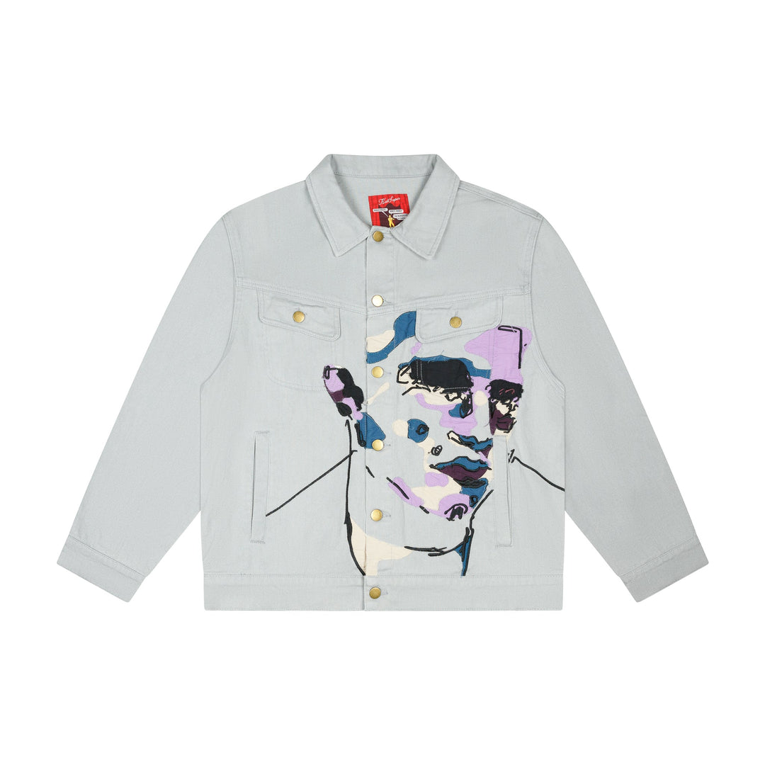 KidSuper Studios Face Embroidered Denim Jacket - Grey