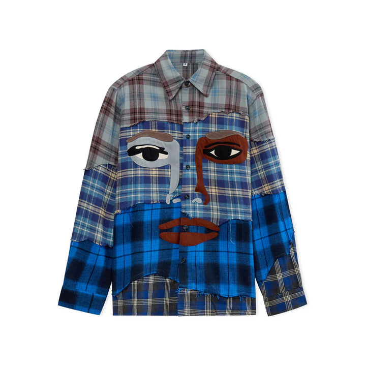KidSuper Studios Face Patchwork Flannel Shirt - Blue Multi