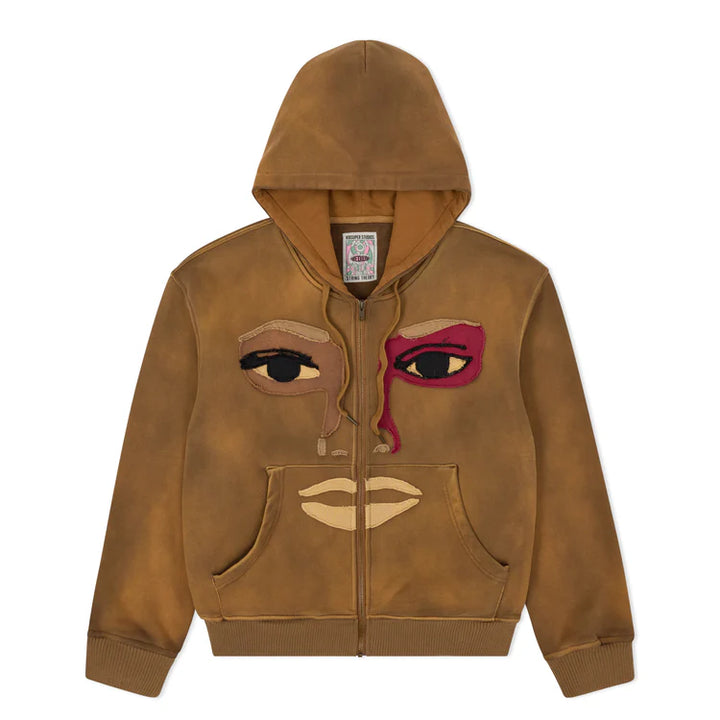 KidSuper Studios Patchwork Face Heavyweight Zip Up Hoodie - Dark Brown