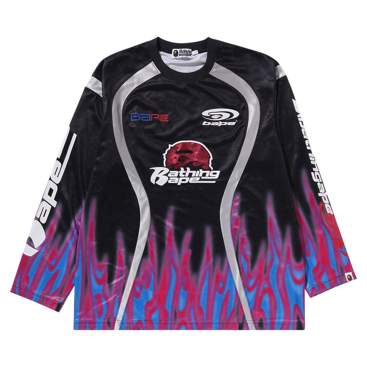BAPE Flame Pattern Multilogo Relaxed Fit Football Jersey - Black