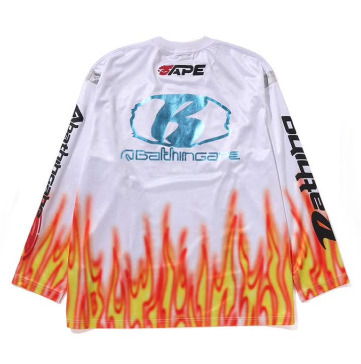 BAPE Flame Pattern Multilogo Relaxed Fit Football Jersey - White