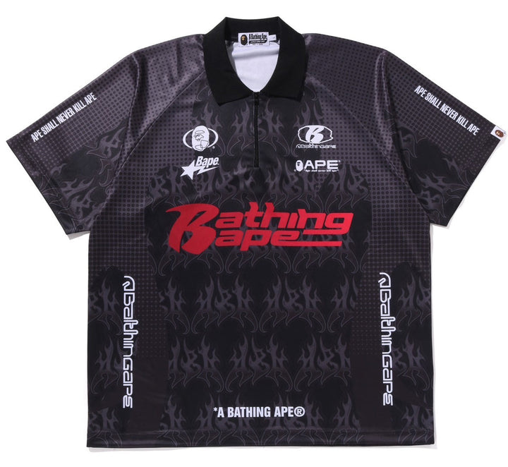 BAPE Flame Pattern Overall Print Half Zip Relax Fit Polo Shirt - Black