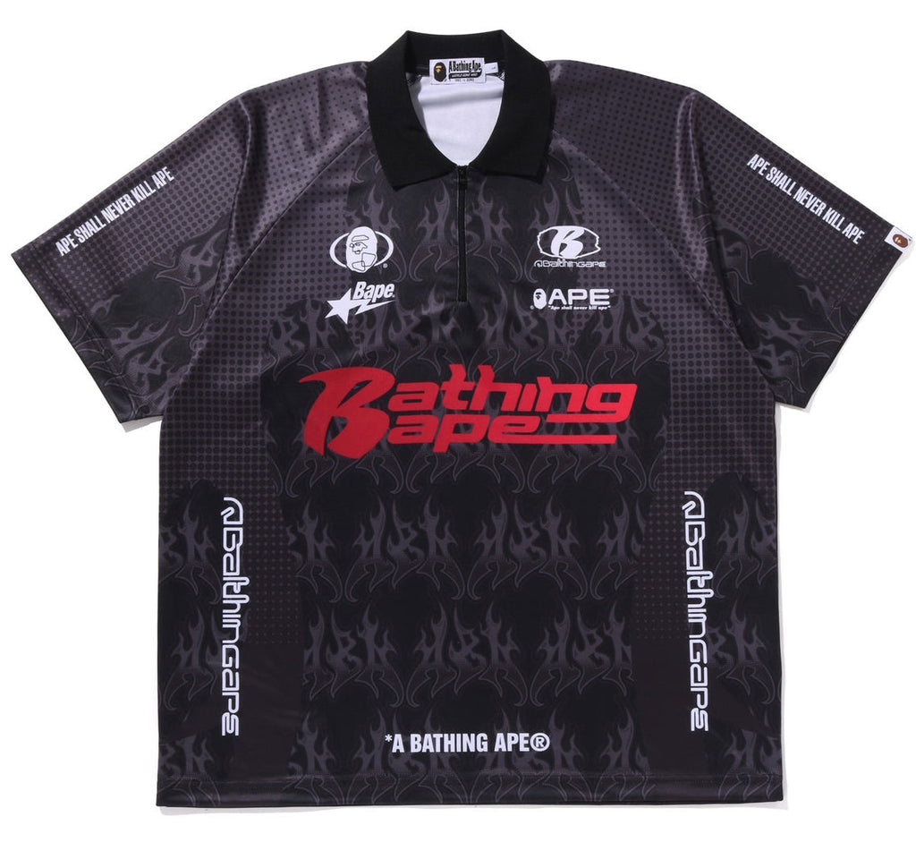 BAPE Flame Pattern Overall Print Half Zip Relax Fit Polo Shirt