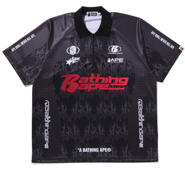 BAPE Flame Pattern Overall Print Half Zip Relax Fit Polo Shirt