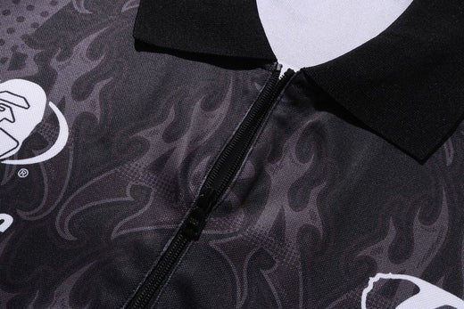 BAPE Flame Pattern Overall Print Half Zip Relax Fit Polo Shirt - Black