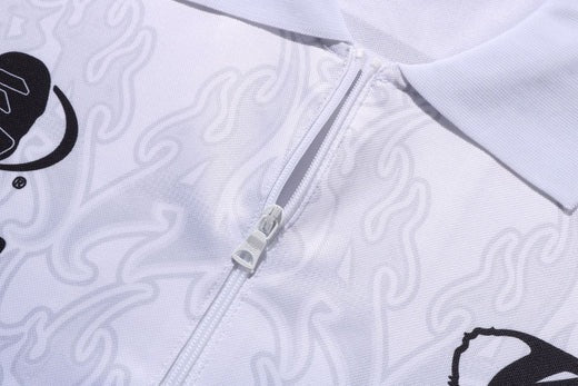 BAPE Flame Pattern Overall Print Half Zip Relax Fit Polo Shirt - White