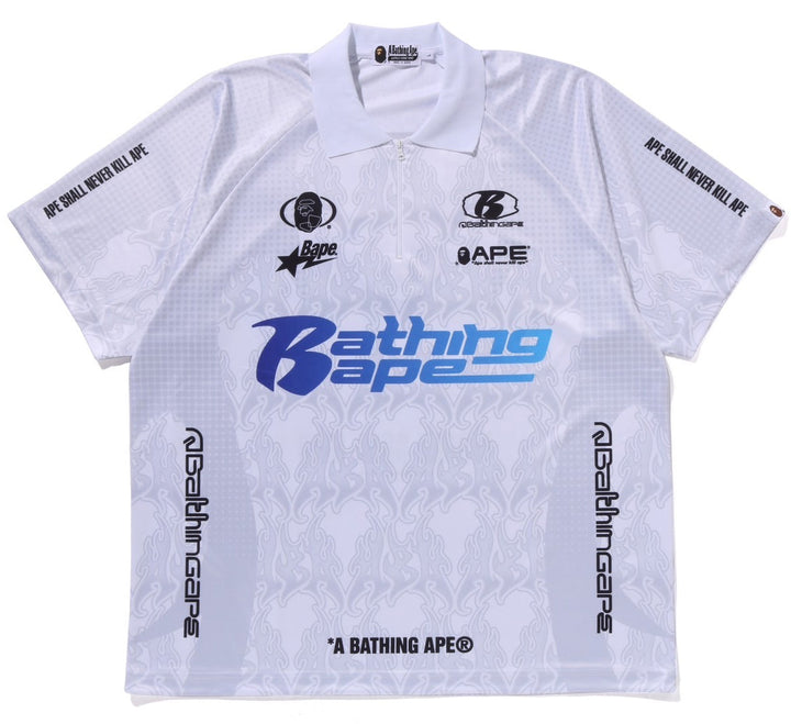 BAPE Flame Pattern Overall Print Half Zip Relax Fit Polo Shirt - White