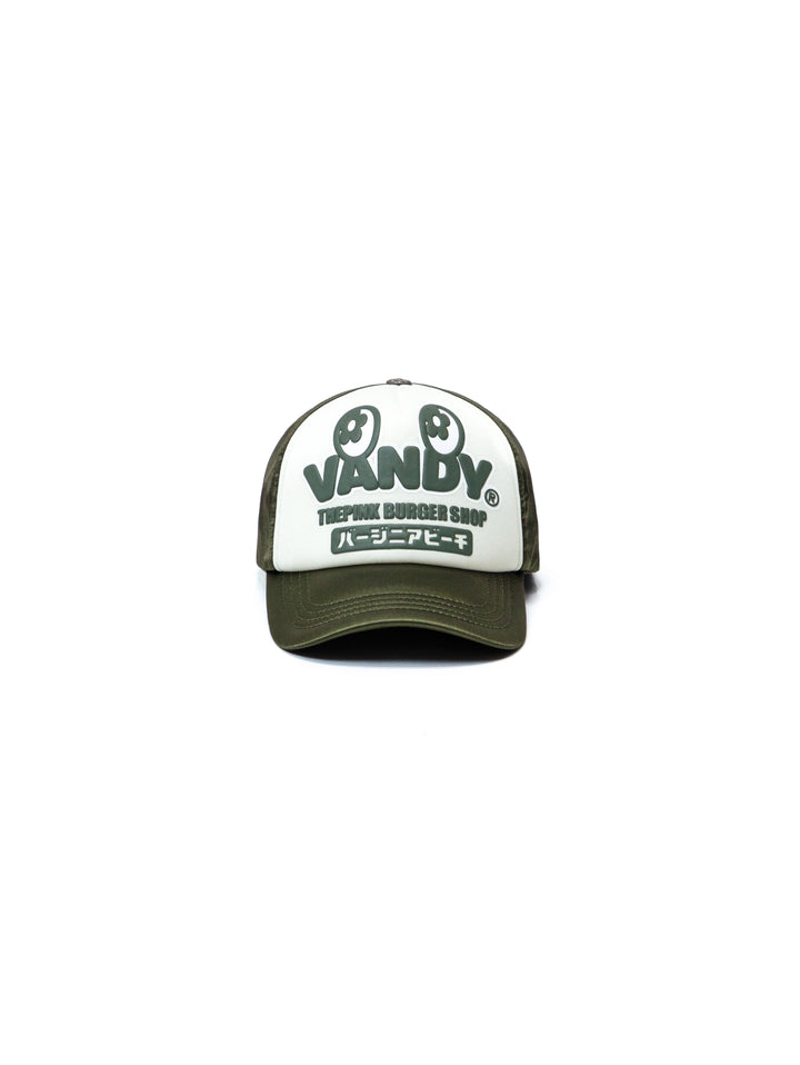 Vandy The Pink Eye Satin Eye Logo Trucker Hat Dark Green