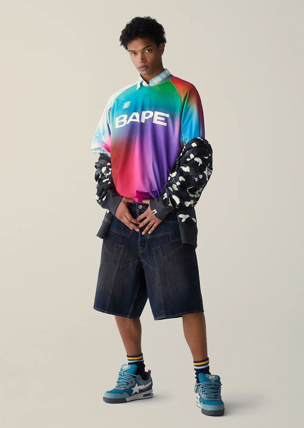 BAPE TIE DYE STA STRIPE PATTERN RELAXED FIT FOOTBALL JERSEY TEE M  Multi
