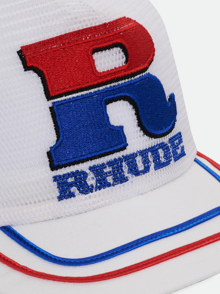 Split Petrol Logo Mesh Trucker Hat - White / Red / Blue 6035