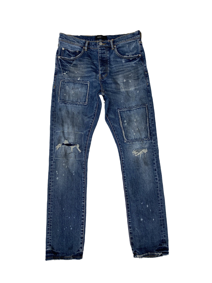 Purple Brand P005 Mid Rise Straight Leg Jeans - Mid Indigo Vintage Dirty Patch