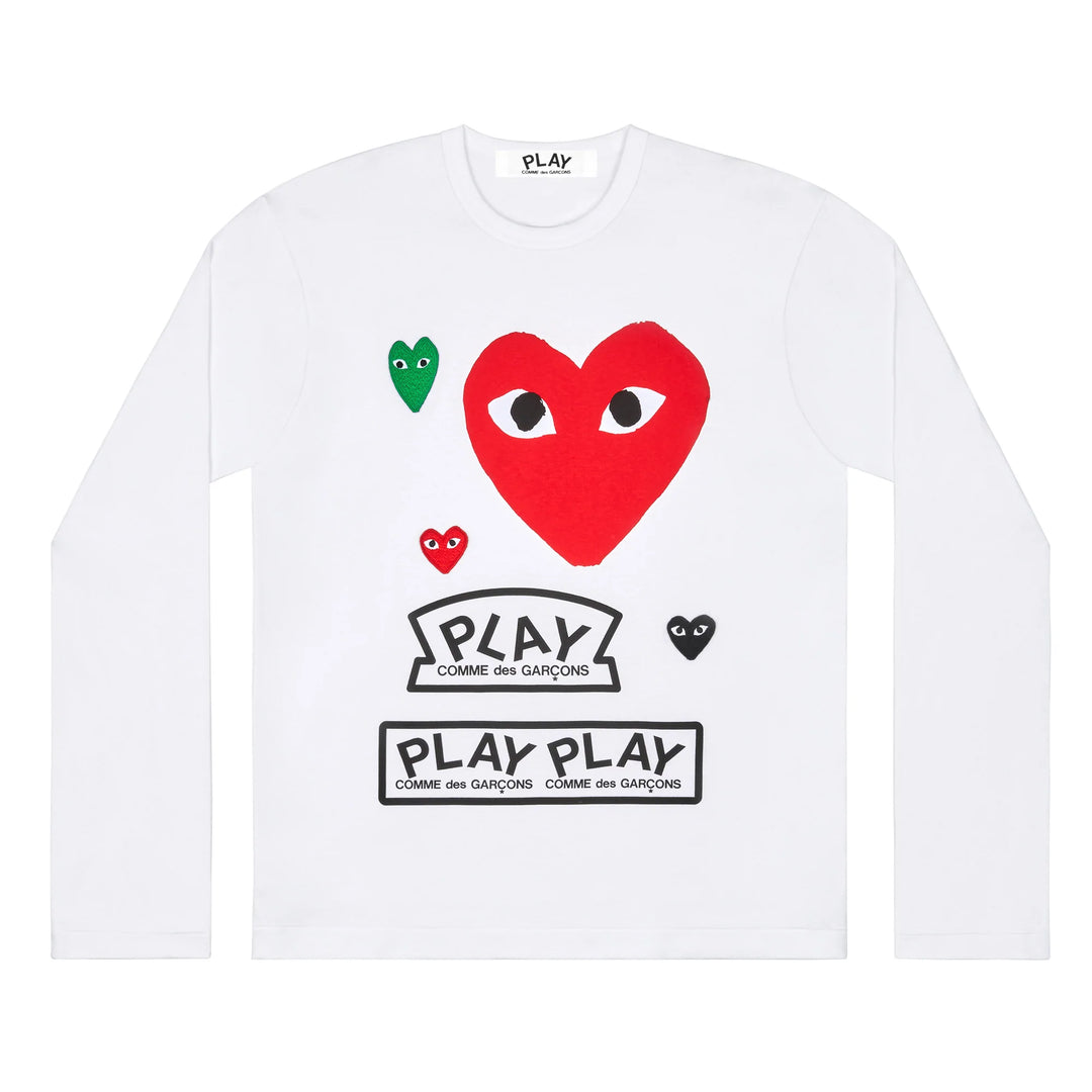 COMME DES GARCONS PLAY Logo Long Sleeve T-Shirt with Red Heart - White