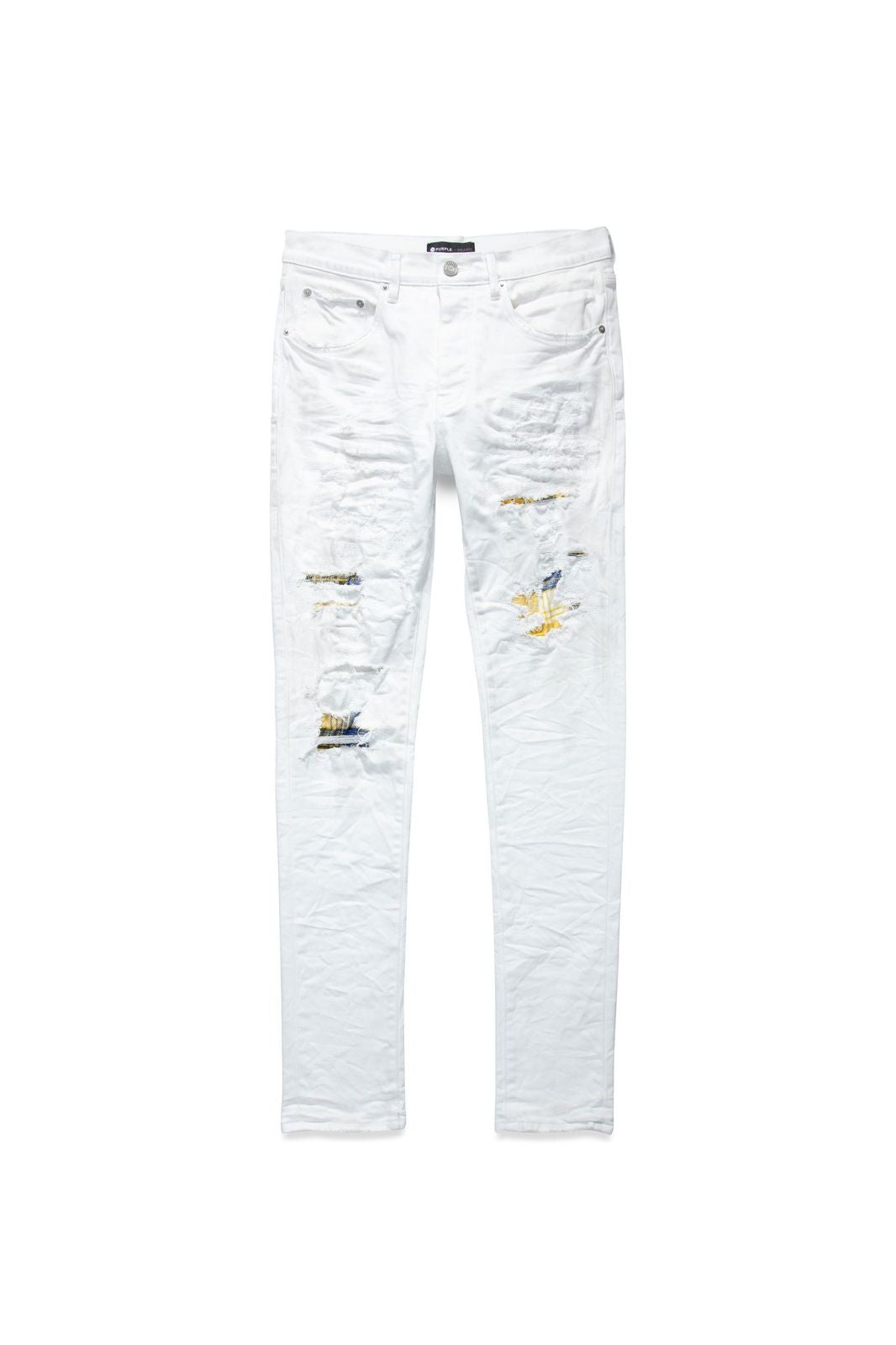 Purple Brand P001 Low Rise Skinny Jeans - White Heavy Repair with Plaid Patch