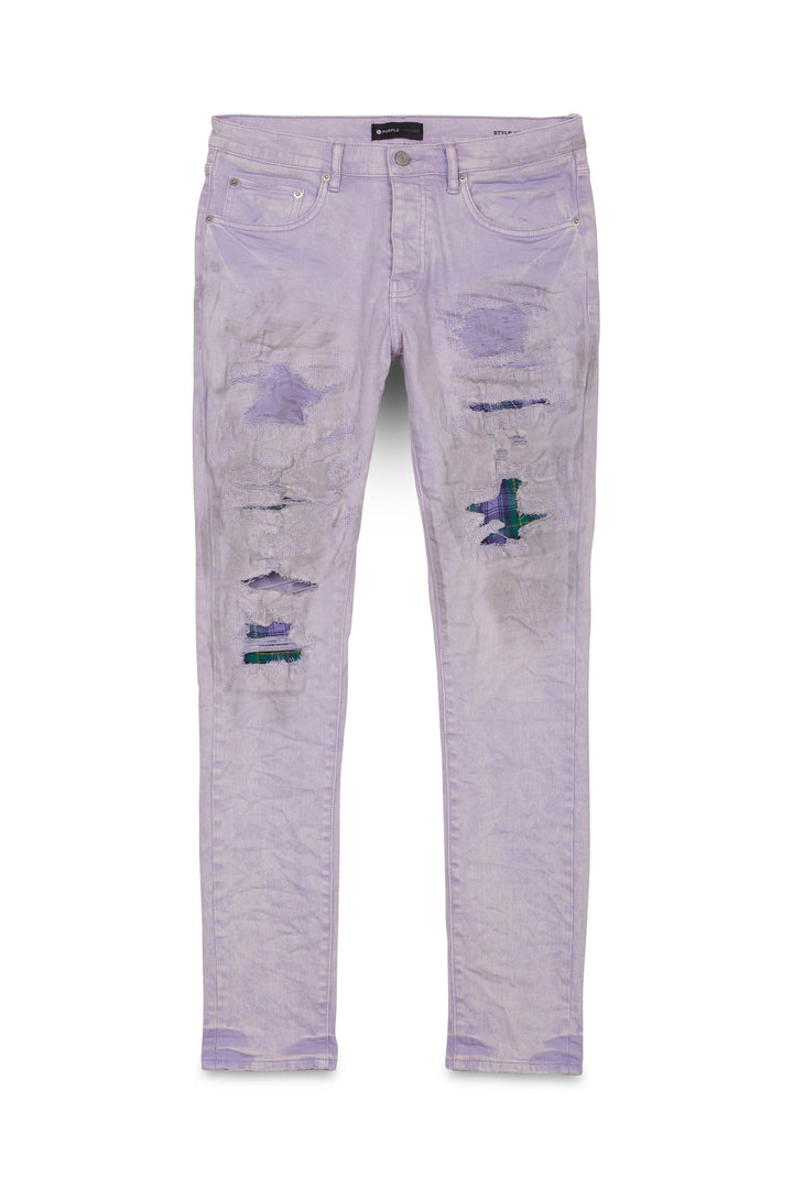 Purple Brand P001 Low Rise Skinny Jeans - Lavender Heavy Repair with Plaid Patch