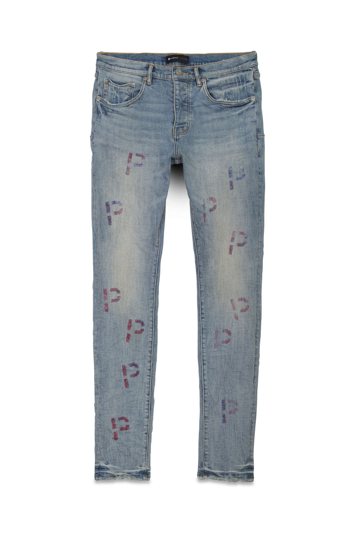 Purple Brand P001 Low Rise Skinny Jeans - Light Indigo Embroidery Punch P Plaid